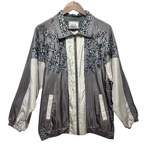 Vintage Atlantic‎ Beach Women Silk Windbreaker M Gray White Animal Print Retro
